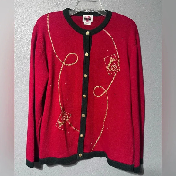 VNTG Leslie Fay Womans Christmas Sweater Cardigan Red/Green Metal Buttons Sz XL - Picture 1 of 4